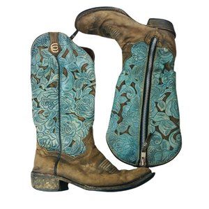 Dan Post women's teal floral western leather cowboy boots sz 10 style 4779